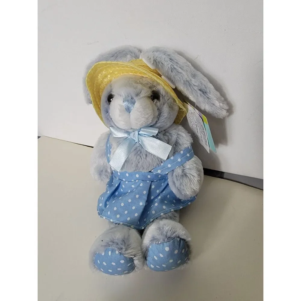 Bunny Picnic Rabbit Plush Stuffed Toy Soft Blue Dress Hat Easter